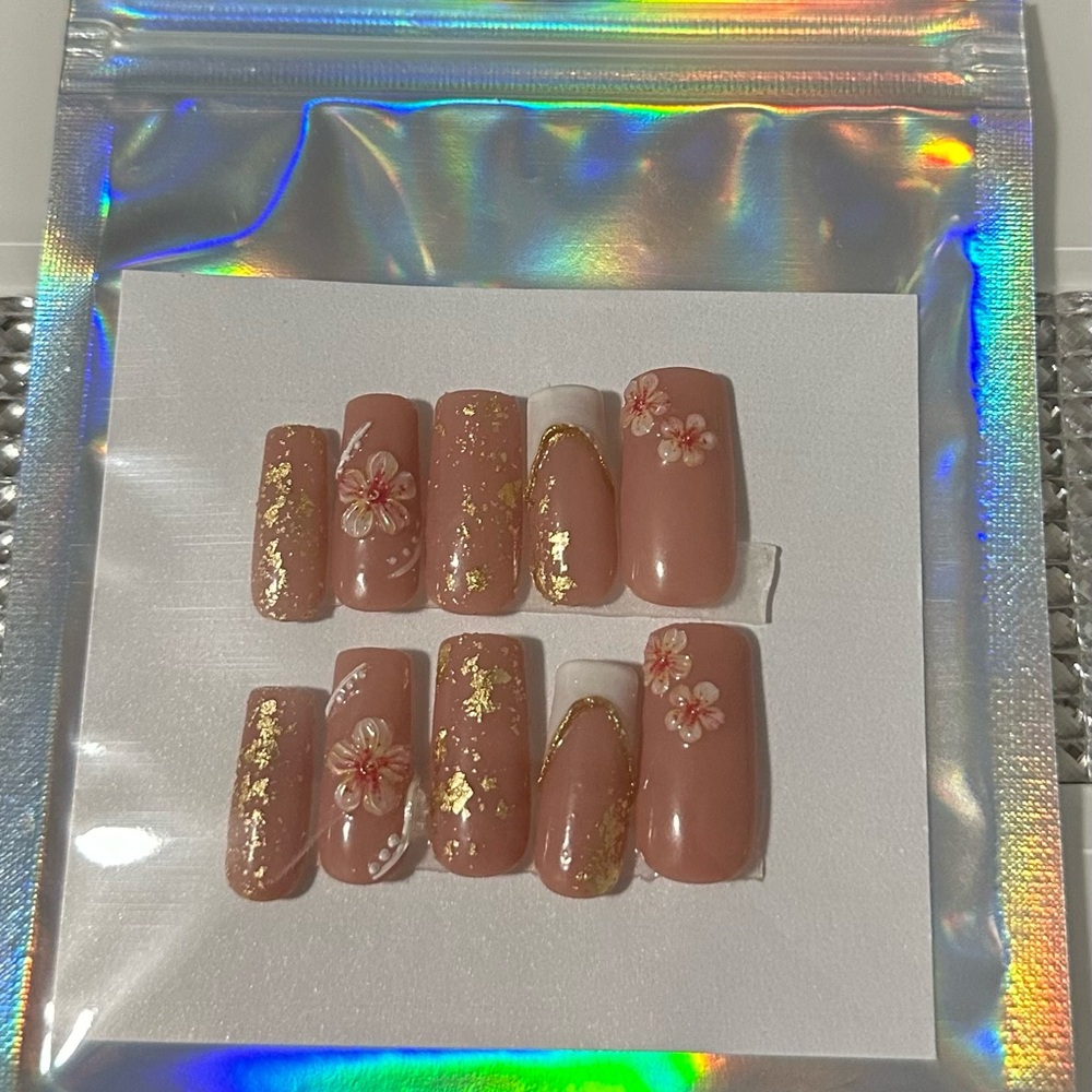 Floral pink gel x press on nails